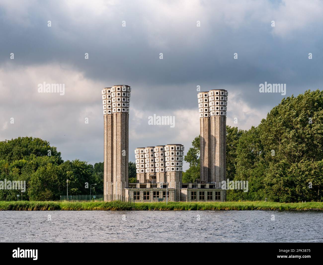 North bank ventilation building with shafts of road tunnel Velsertunnel, North Sea Canal, Velsen-Noord, Netherlands Stock Photo