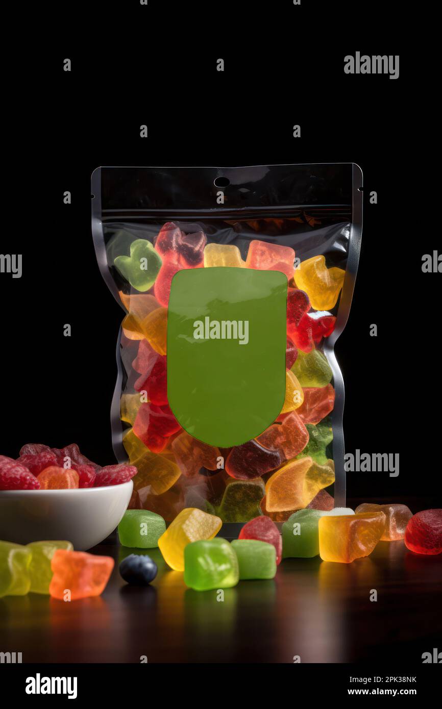 multicolored jelly candies in a package and on a table on a dark