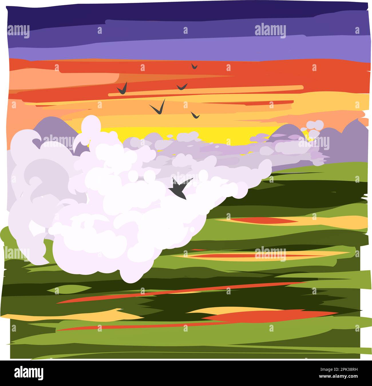 vector illustration of the landscape. sunset, clouds and birds. Stock Vector