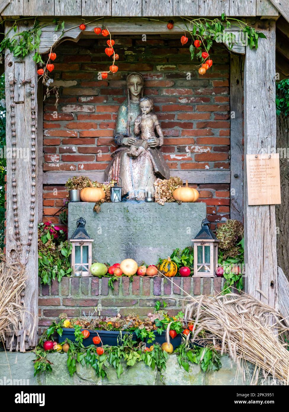 Detail of small wayside chapel, maria chapel, on Schoolweg near town of Beuningen, Overijssel, Netherlands Stock Photo