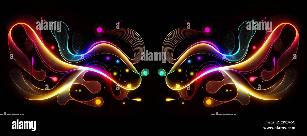 Abstract pattern drawn with coloured glowing lines on a black ...