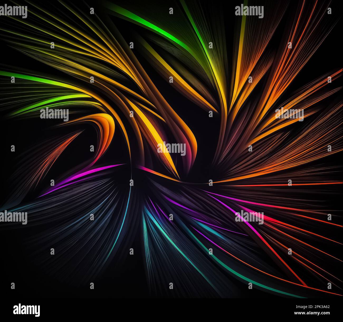 Abstract pattern drawn with coloured glowing lines on a black ...