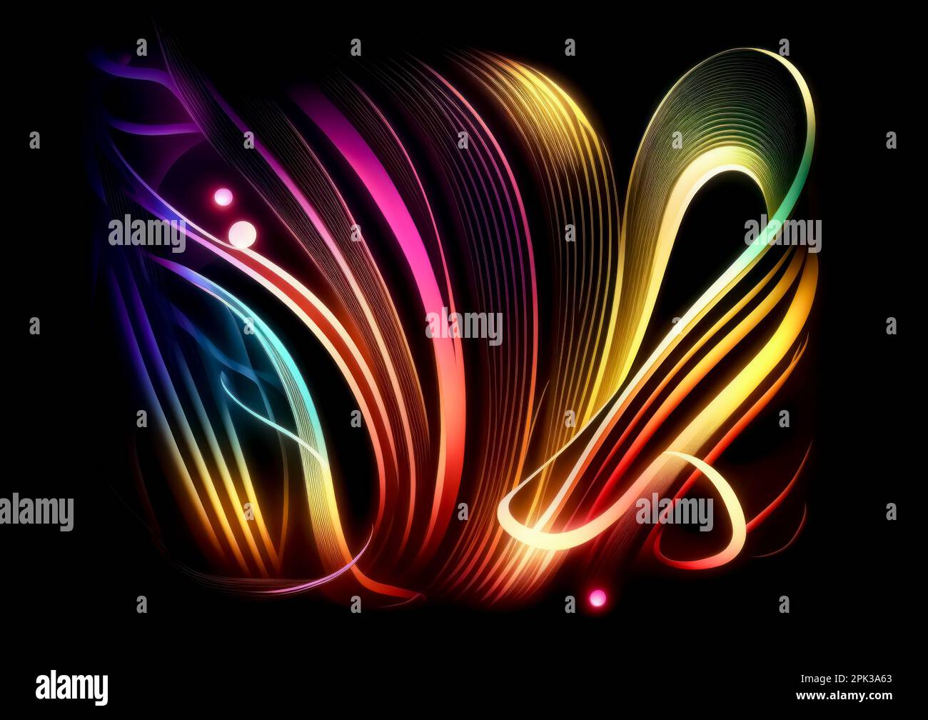 Abstract pattern drawn with coloured glowing lines on a black ...