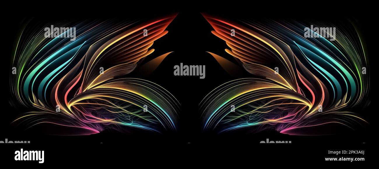 Abstract pattern drawn with coloured glowing lines on a black ...