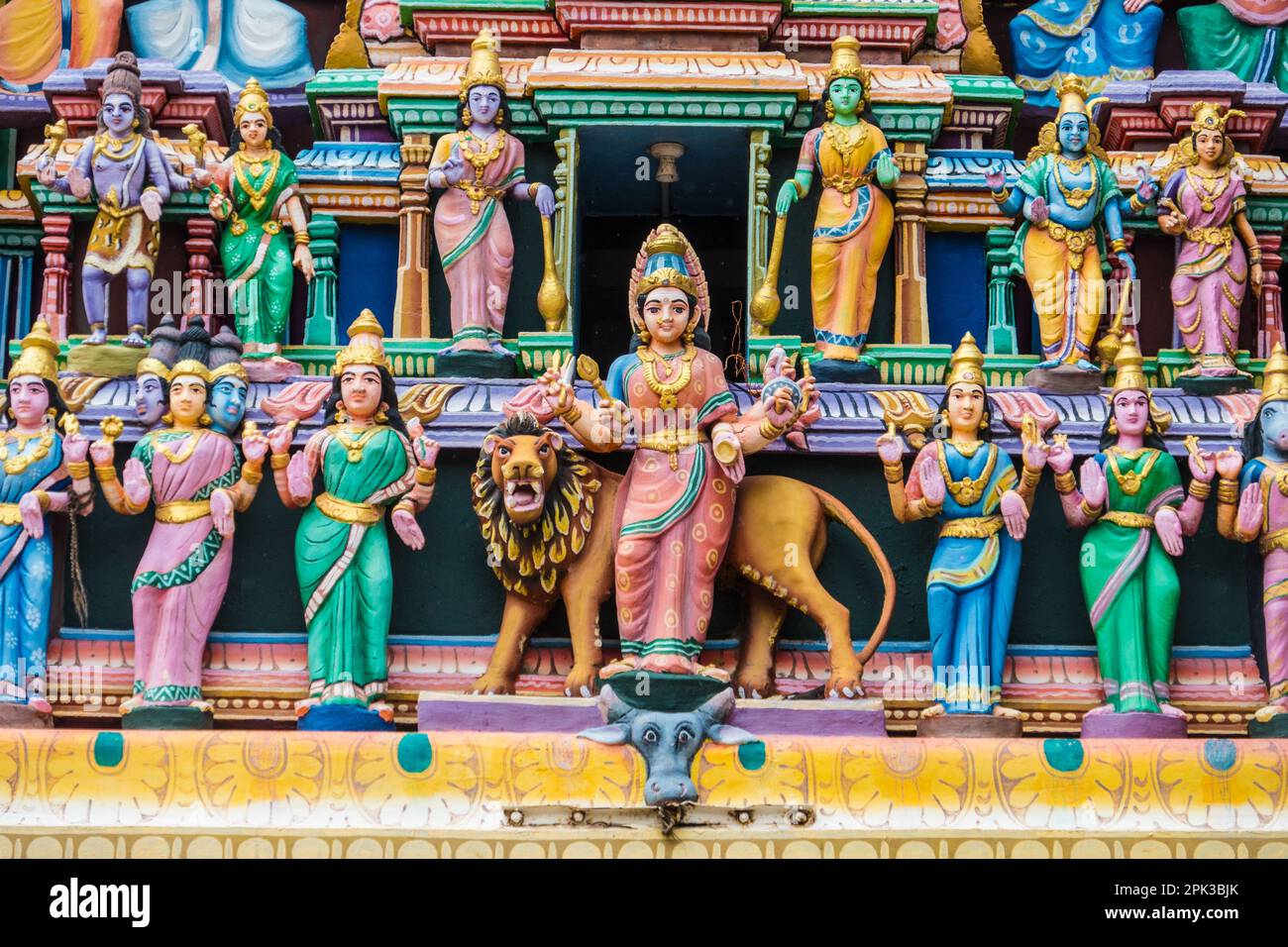 Highly decorative and colourful Hindu statues at a temple in Sri Lanka