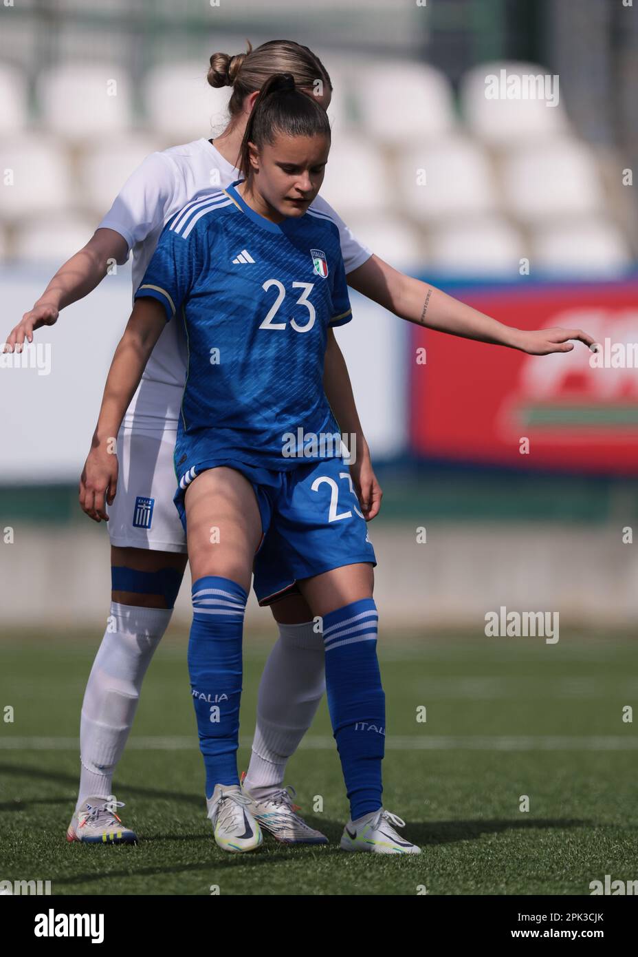 Vercelli, Italy, 5th April 2023. Monica Renzotti of Italy and Athanasia Tsaroucha of Greece during the UEFA U19 Championship match at Stadio Silvio Piola, Vercelli. Picture credit should read: Jonathan Moscrop / Sportimage Stock Photo