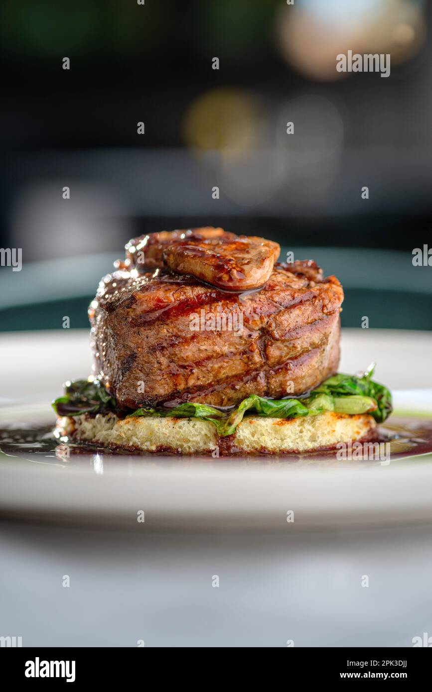 Tournedos Rossini. Foie gras, Black Angus beef tenderloin, with red ...