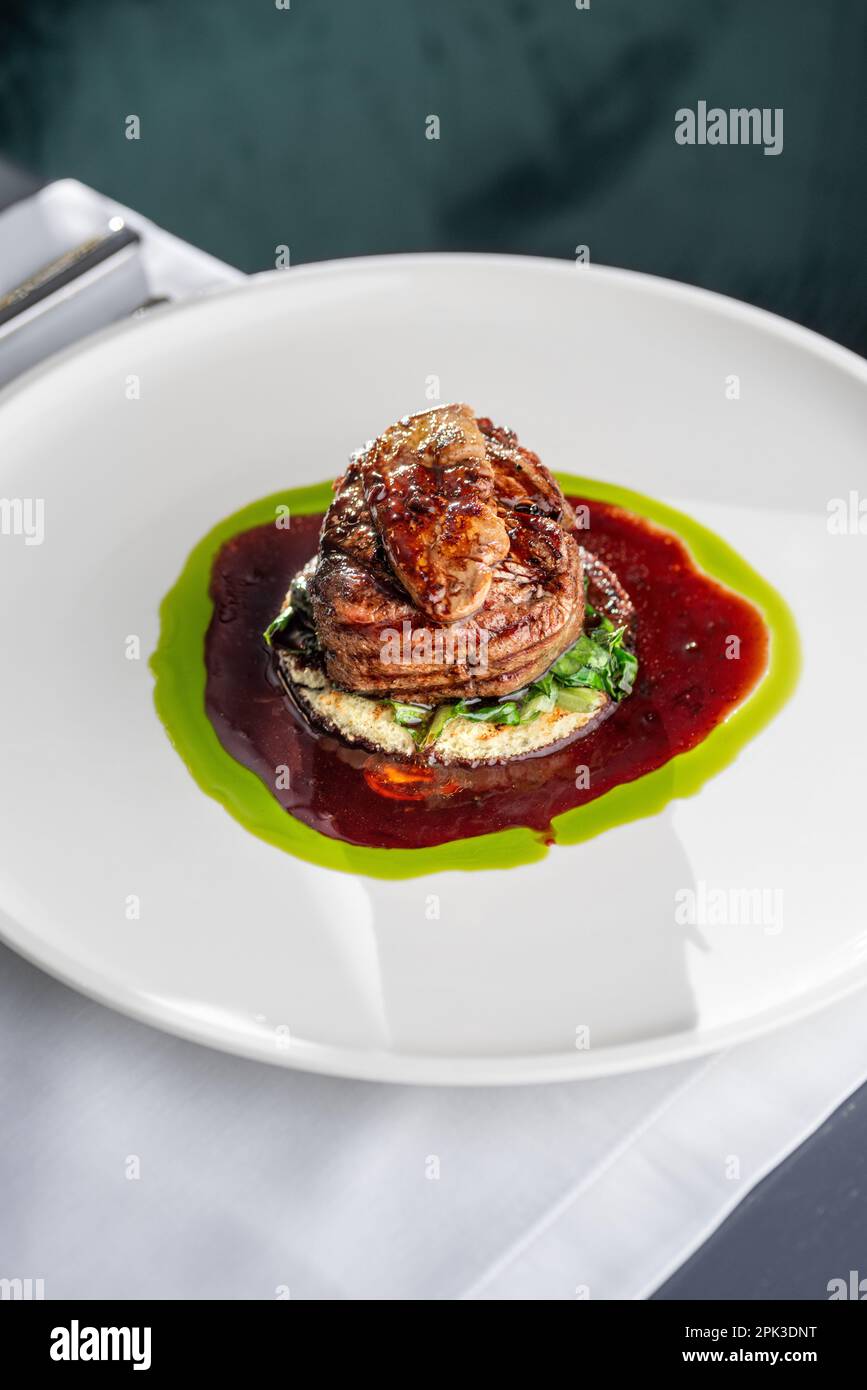 Tournedos Rossini. Foie gras, Black Angus beef tenderloin, with red