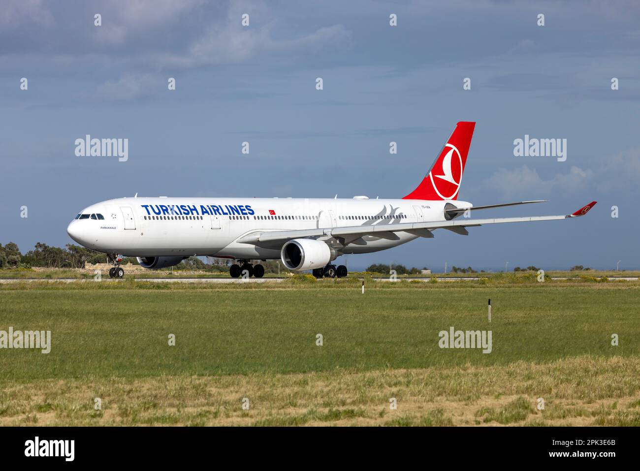 Turkish Airlines Airbus A330-303 (REG: TC-JOA) diverted to Malta on its way to Ouagadougou, Burkina Faso. Stock Photo