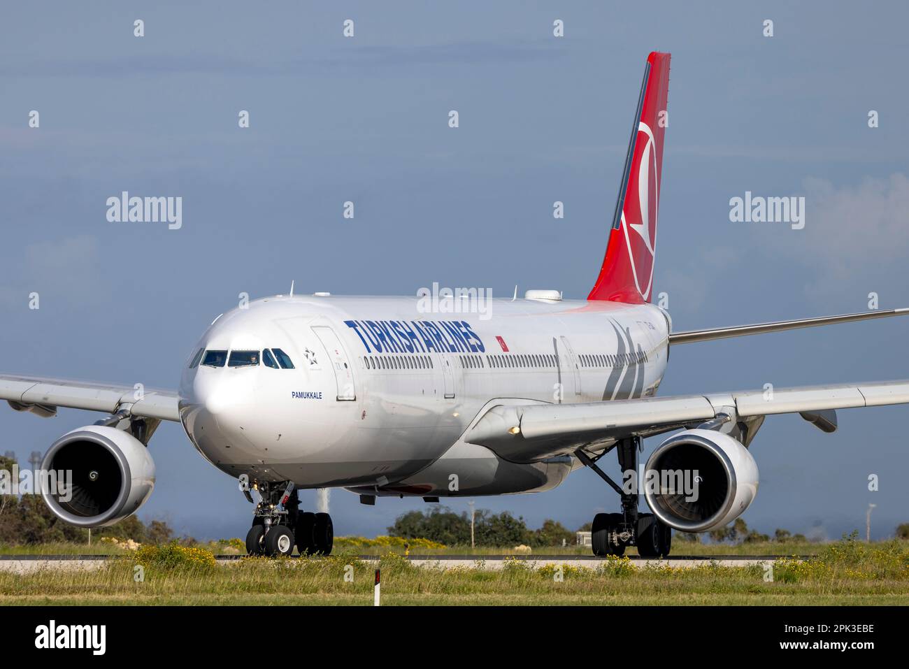 Turkish Airlines Airbus A330-303 (REG: TC-JOA) diverted to Malta on its way to Ouagadougou, Burkina Faso. Stock Photo