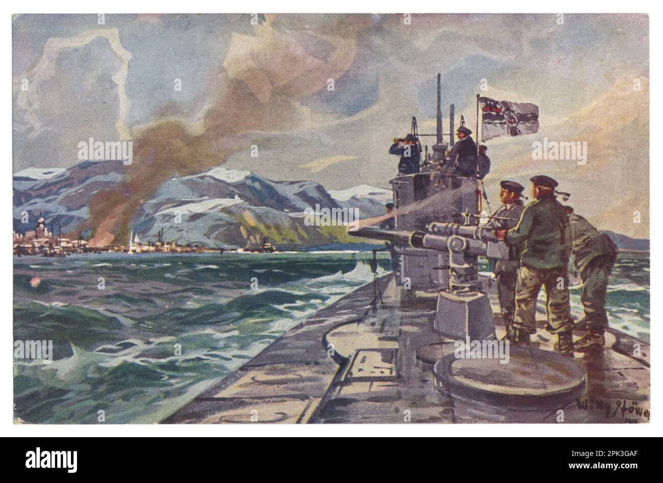 German historical postcard: naval sailors of the German Imperial Navy are firing from a submarine gun at the city of Alexandrovsk on Murmansk, 1917 Stock Photo