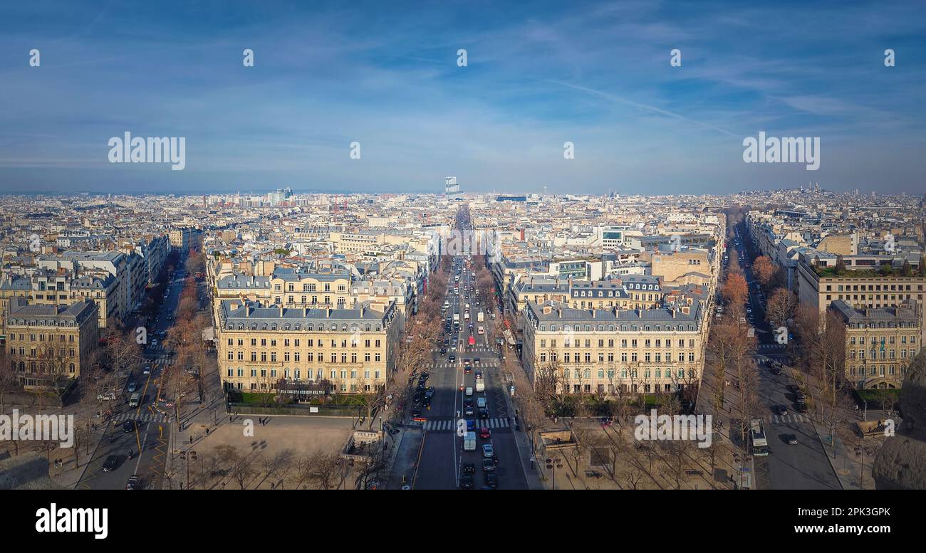 Aerial cityscape panorama with view to Avenue de Wagram and the new tribunal of Paris in Porte de Clichy, judicial court France. Beautiful parisian ar Stock Photo