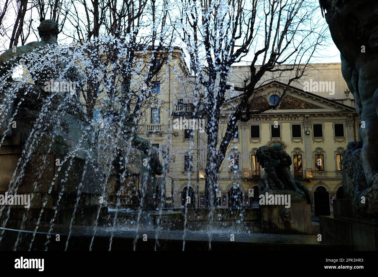 VIEW OF THE FOUNTAINS OF PIAZZA SOLFERINO AND TEATRO ALFIERI - TORINO ITALY © photography: F.BEAUMONT Stock Photo