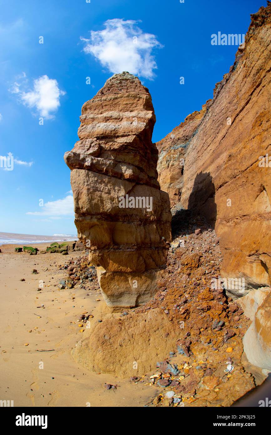 geology, Jurassic Coast, pillar, rock,pinnacle, Chilton Chine, Isle of Wight,Britain, British,UK,Great, Stock Photo