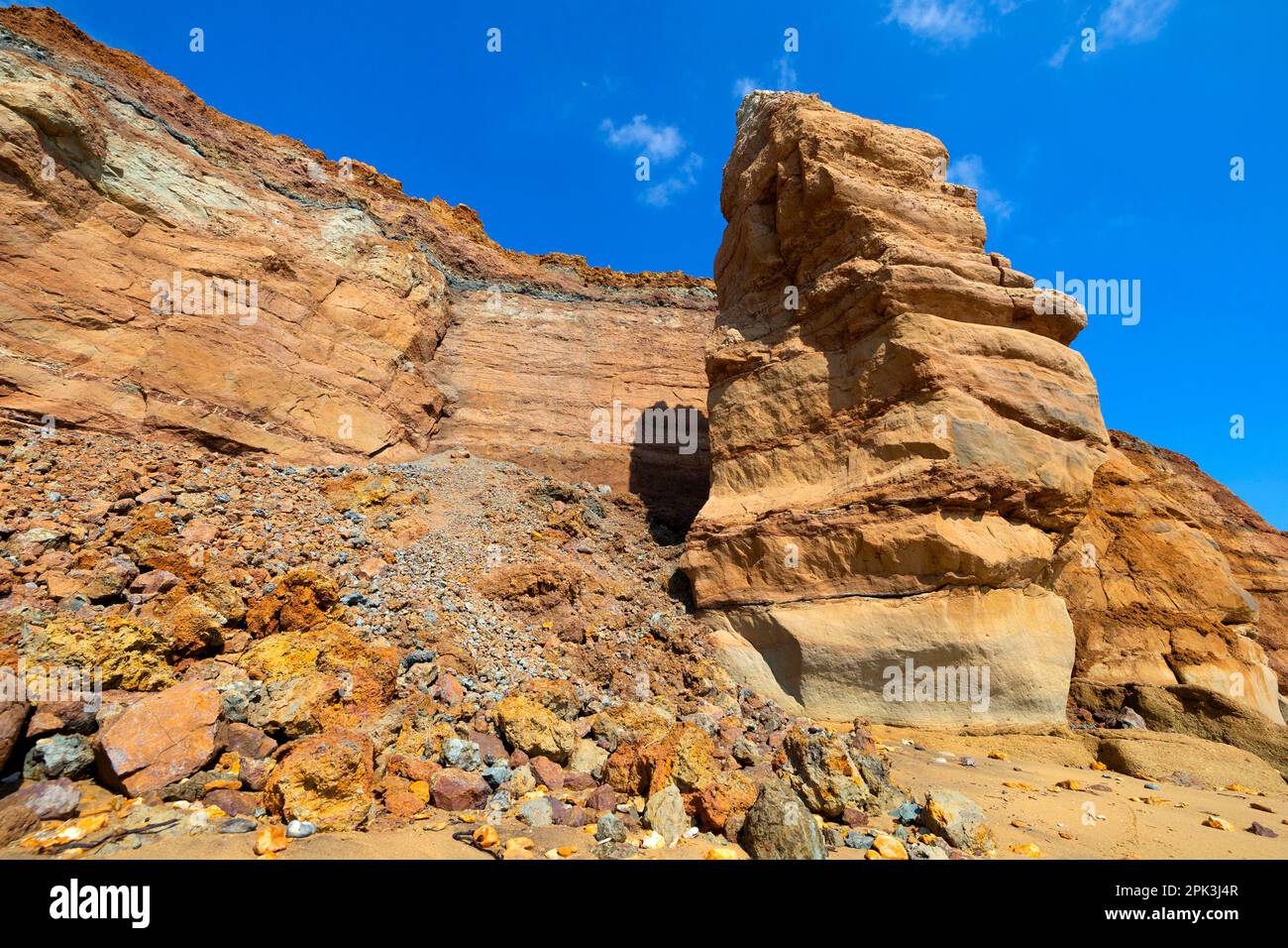 geology, Jurassic Coast, pillar, rock,pinnacle, Chilton Chine, Isle of Wight,Britain, British,UK,Great, Stock Photo