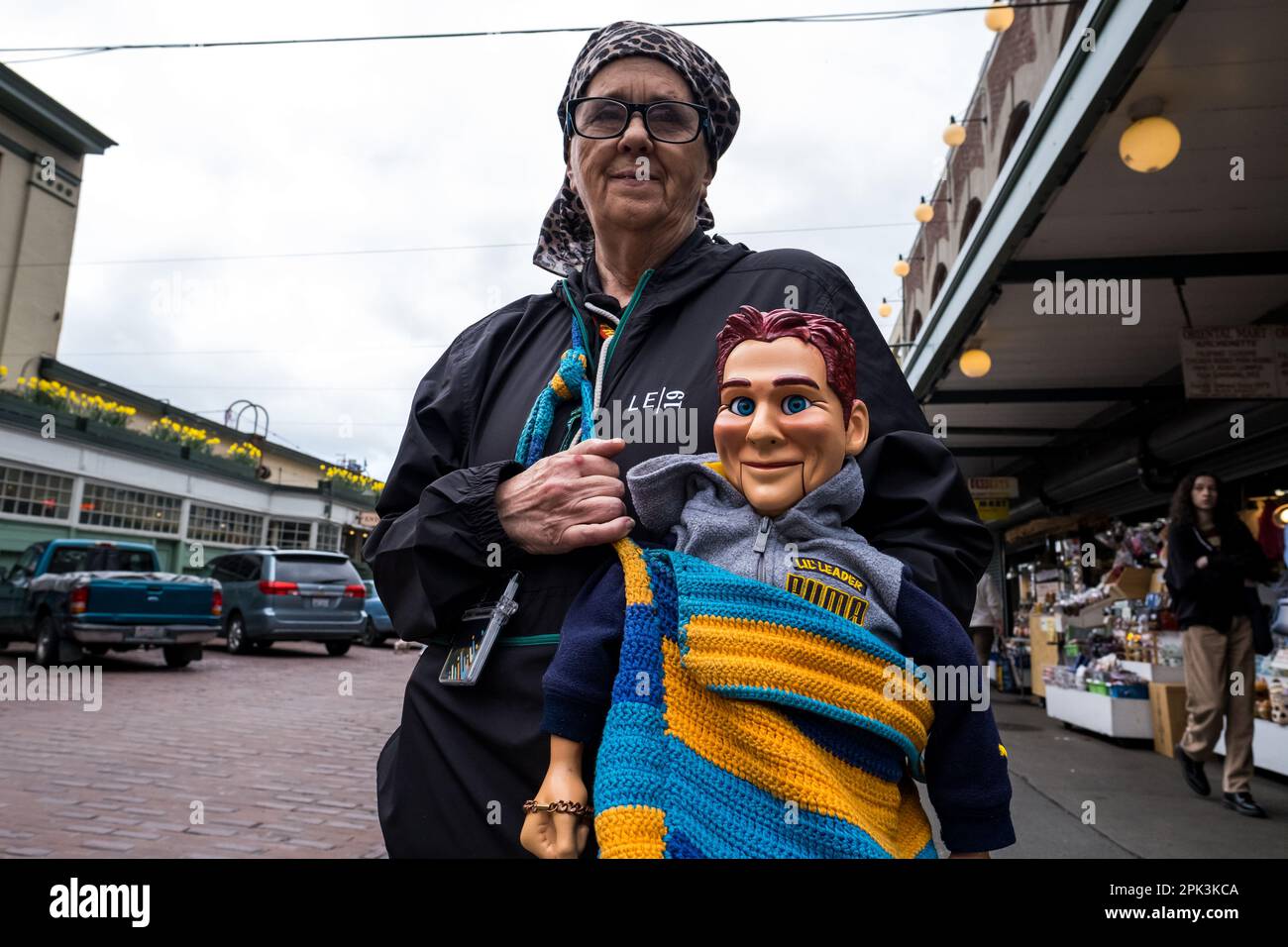 Seattle, USA. 20 Mar, 2023. A person at Pike Place Market with a Jeff Dunham Ventriloquist
