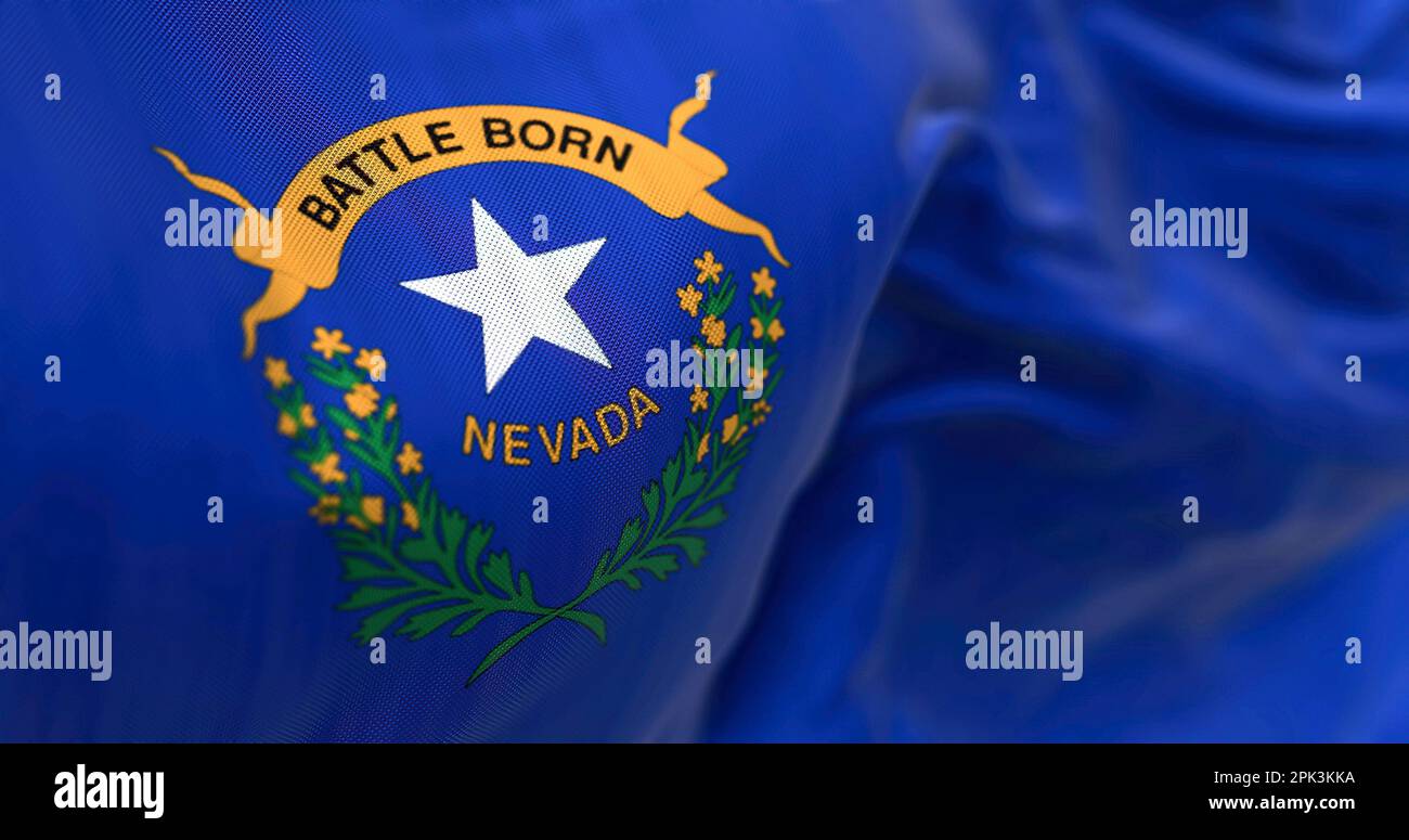 Nevada state flag waving. Blue background, white star, "Battle Born