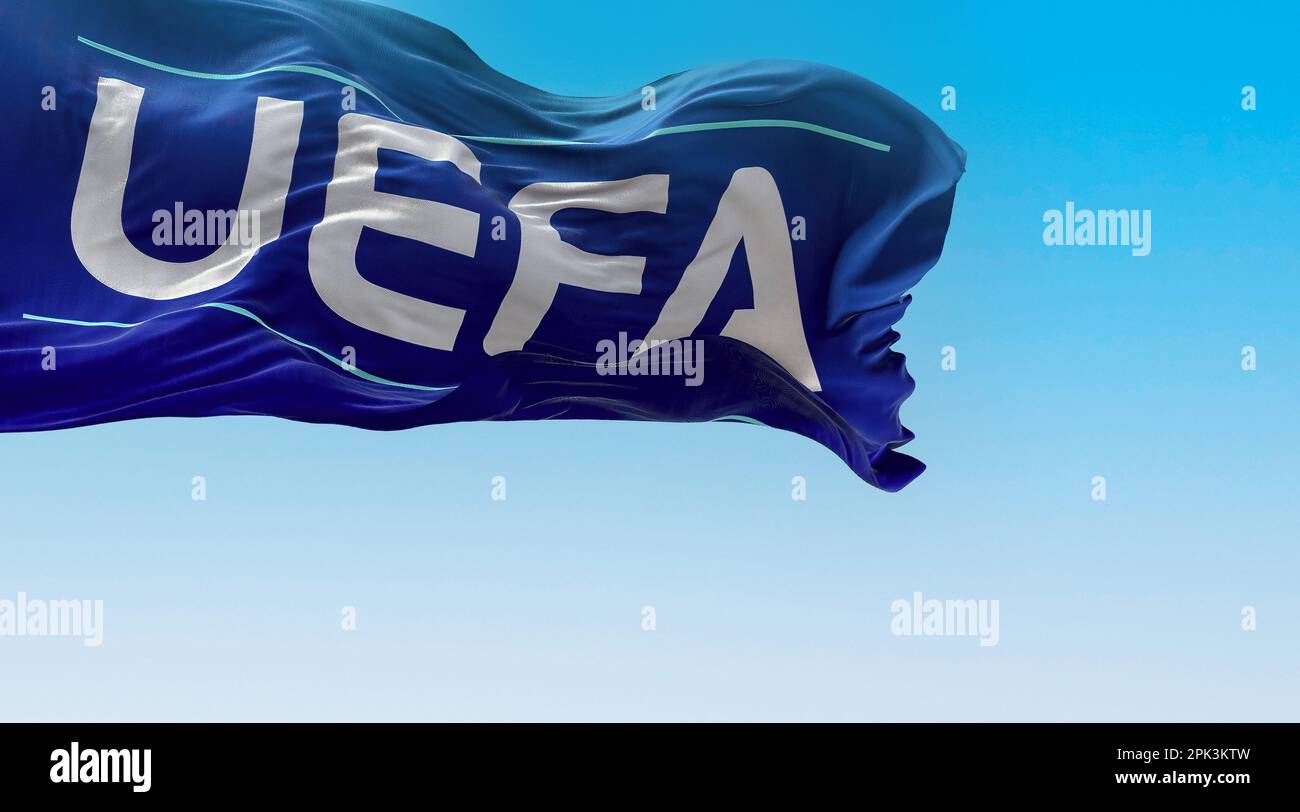 Nyon CH April 2023 Flag With The UEFA Logo Waving In The Wind UEFA nyon-ch-april-2023-flag-with-the-uefa-logo-waving-in-the-wind-uefa