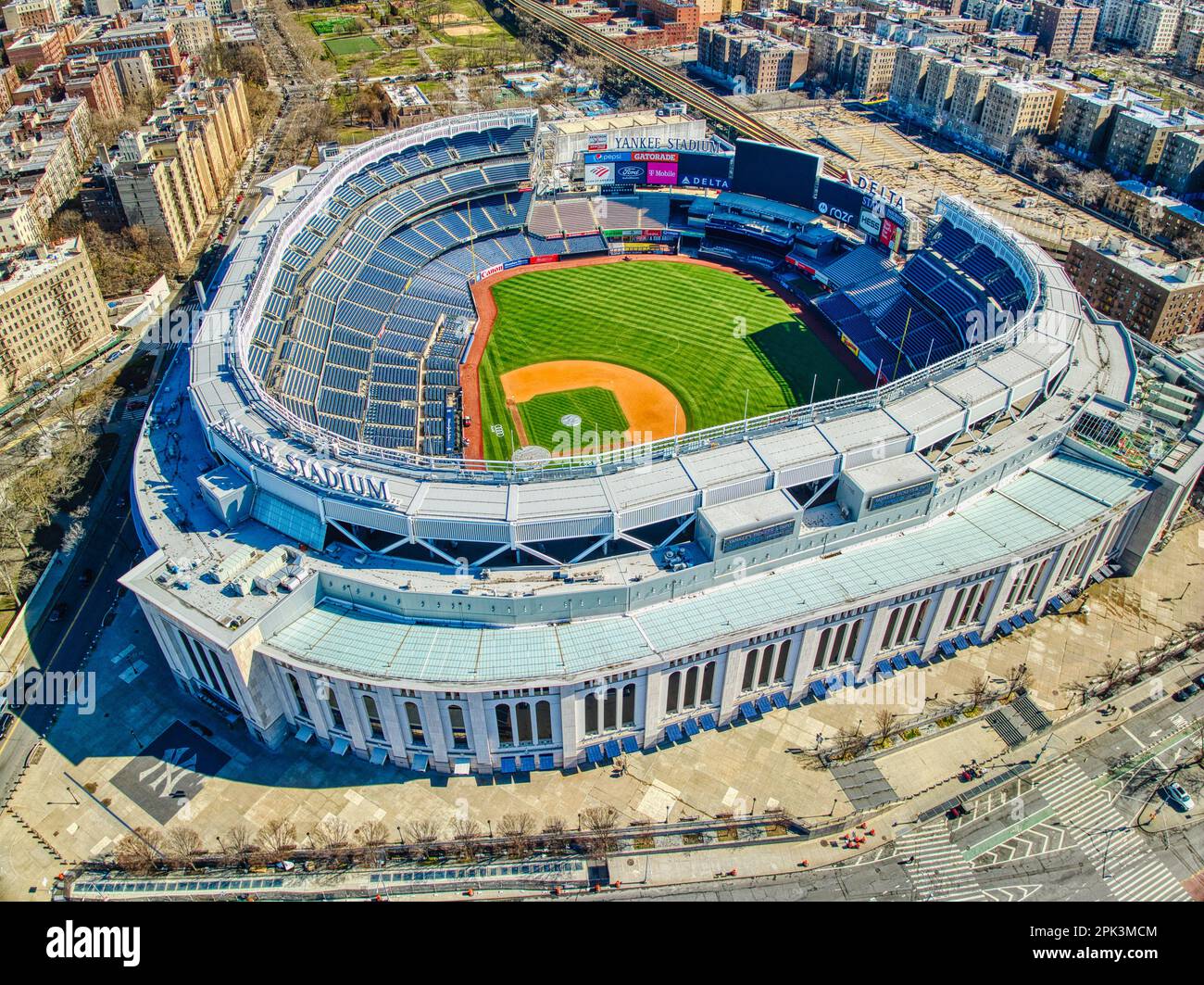 An aerial view of iconic Yankee Stadium in Bronx, New York City, US Stock Photo
