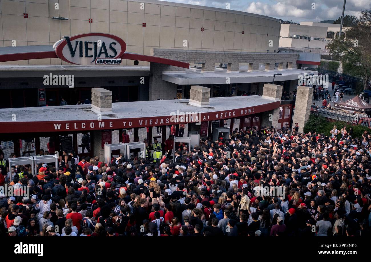 April 3, 2023: Fans of San Diego State University basketball tried to get into the Viejas Arena on campus to watch their team take on the University of Connecticut Huskies in the NCAA men's basketball final. The arena quickly filled up and officials closed the doors preventing thousands of excited SDSU basketball fans from entering. Fans refused to leave and many tried to shove in or clime the gates. Eventually, police were able to force the crowd to disperse but not until after tense moments. (Matthew Bowler/KPBS/Sipa USA) **NO SALES IN SAN DIEGO-SAN DIEGO OUT** Stock Photo