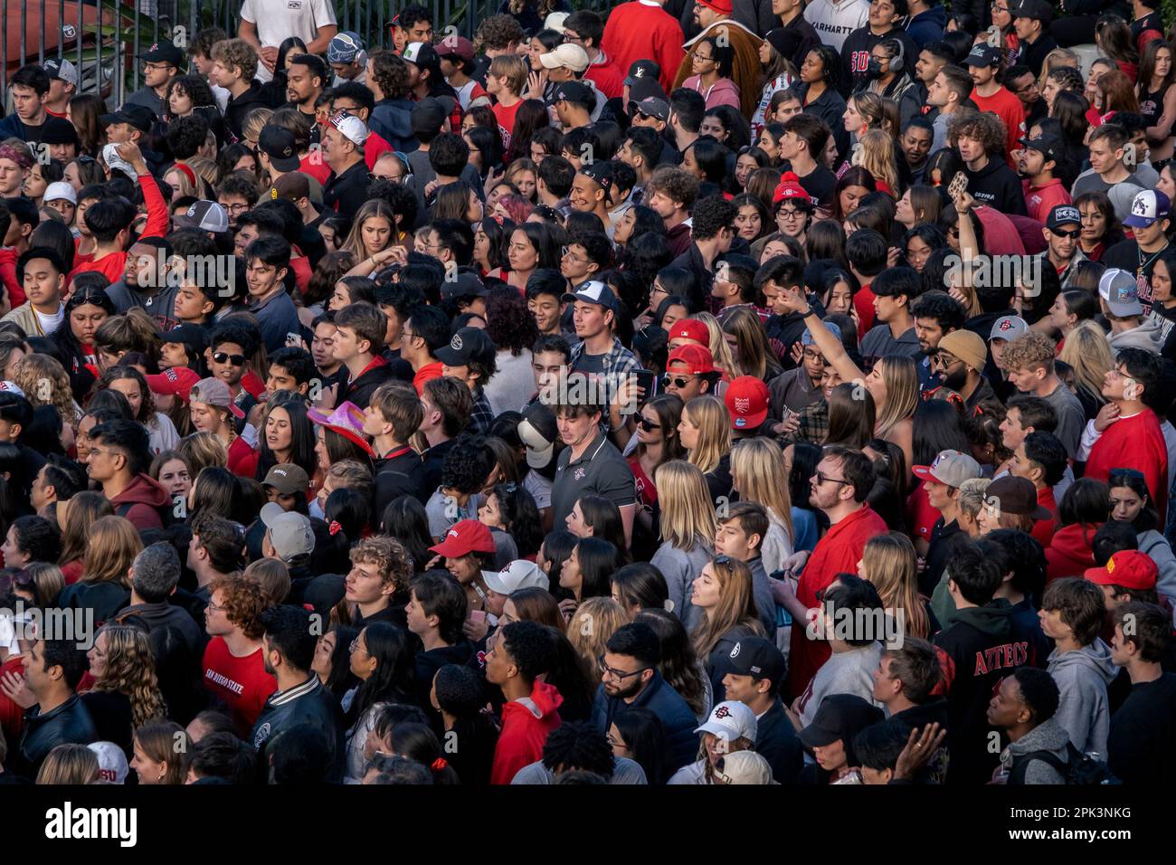 April 3, 2023: Fans of San Diego State University basketball tried to get into the Viejas Arena on campus to watch their team take on the University of Connecticut Huskies in the NCAA men's basketball final. The arena quickly filled up and officials closed the doors preventing thousands of excited SDSU basketball fans from entering. Fans refused to leave and many tried to shove in or clime the gates. Eventually, police were able to force the crowd to disperse but not until after tense moments. (Matthew Bowler/KPBS/Sipa USA) **NO SALES IN SAN DIEGO-SAN DIEGO OUT** Stock Photo