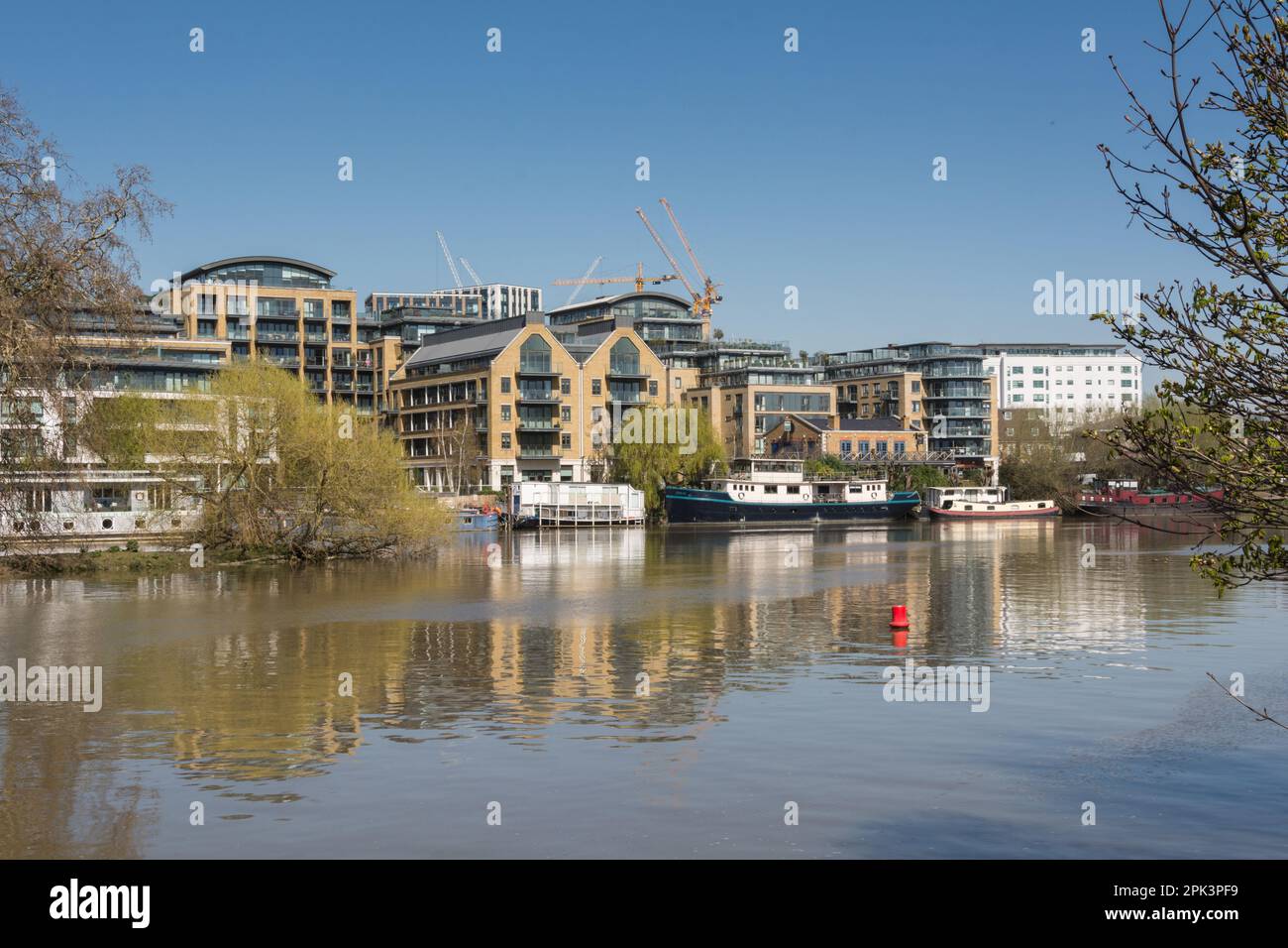 Houseboats on a placid River Thames with Kew Bridge Road housing