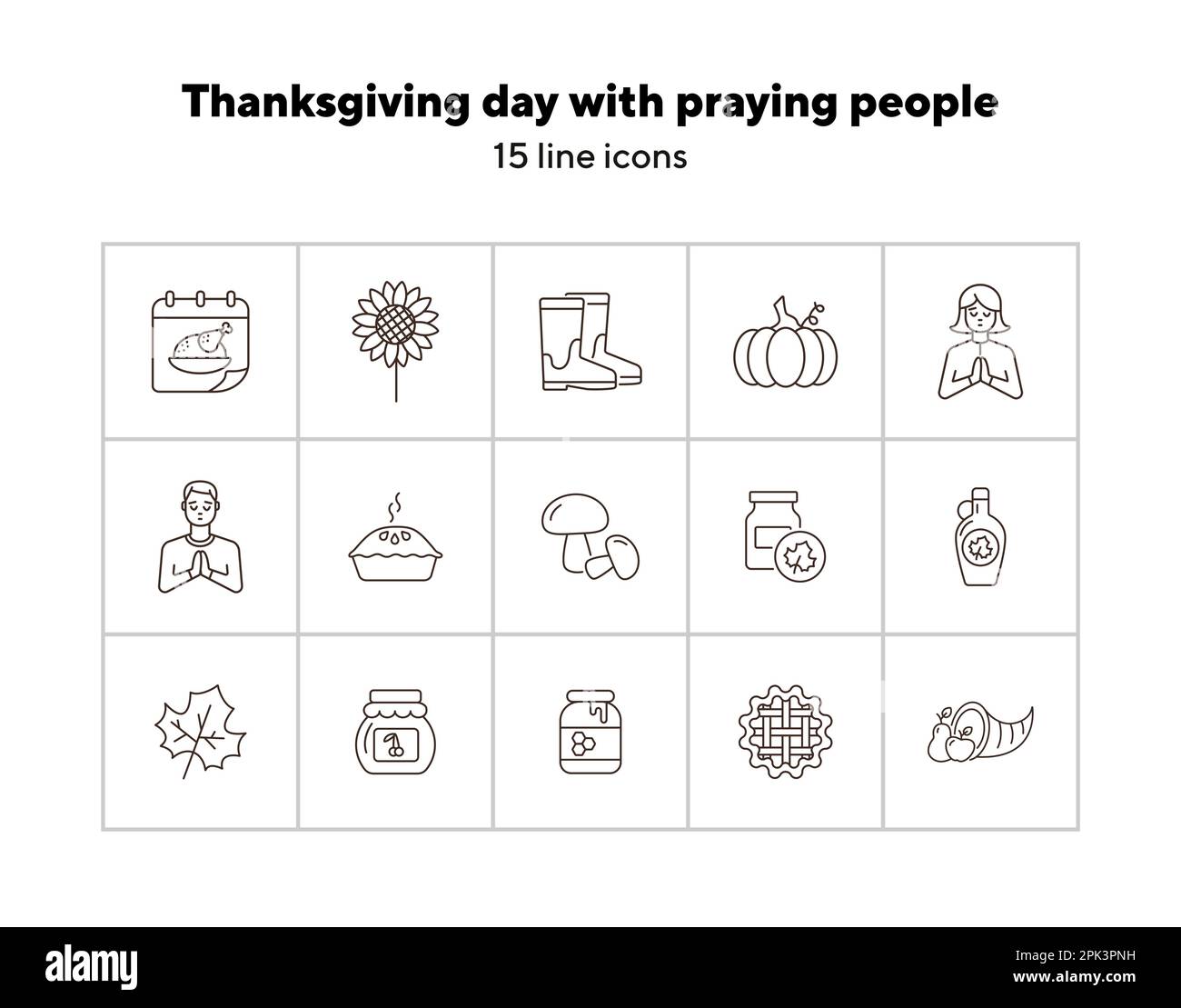 Thanksgiving day line icon set with praying people and calendar Stock ...
