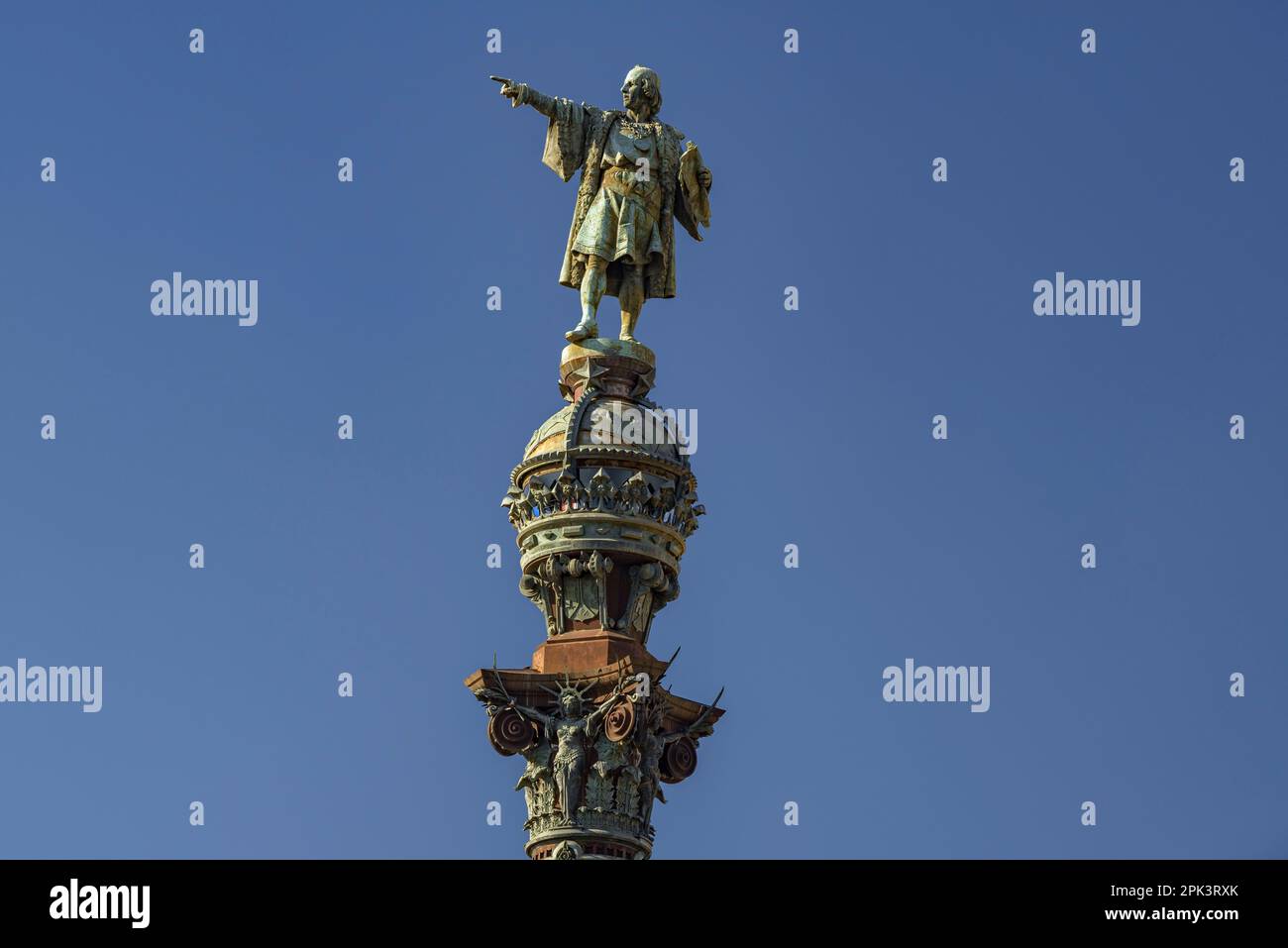 Sculpture of Christopher Columbus at the Columbus Monument in Barcelona (Catalonia, Spain) ESP: Escultura de Cristóbal Colón en el monumento a Colón Stock Photo
