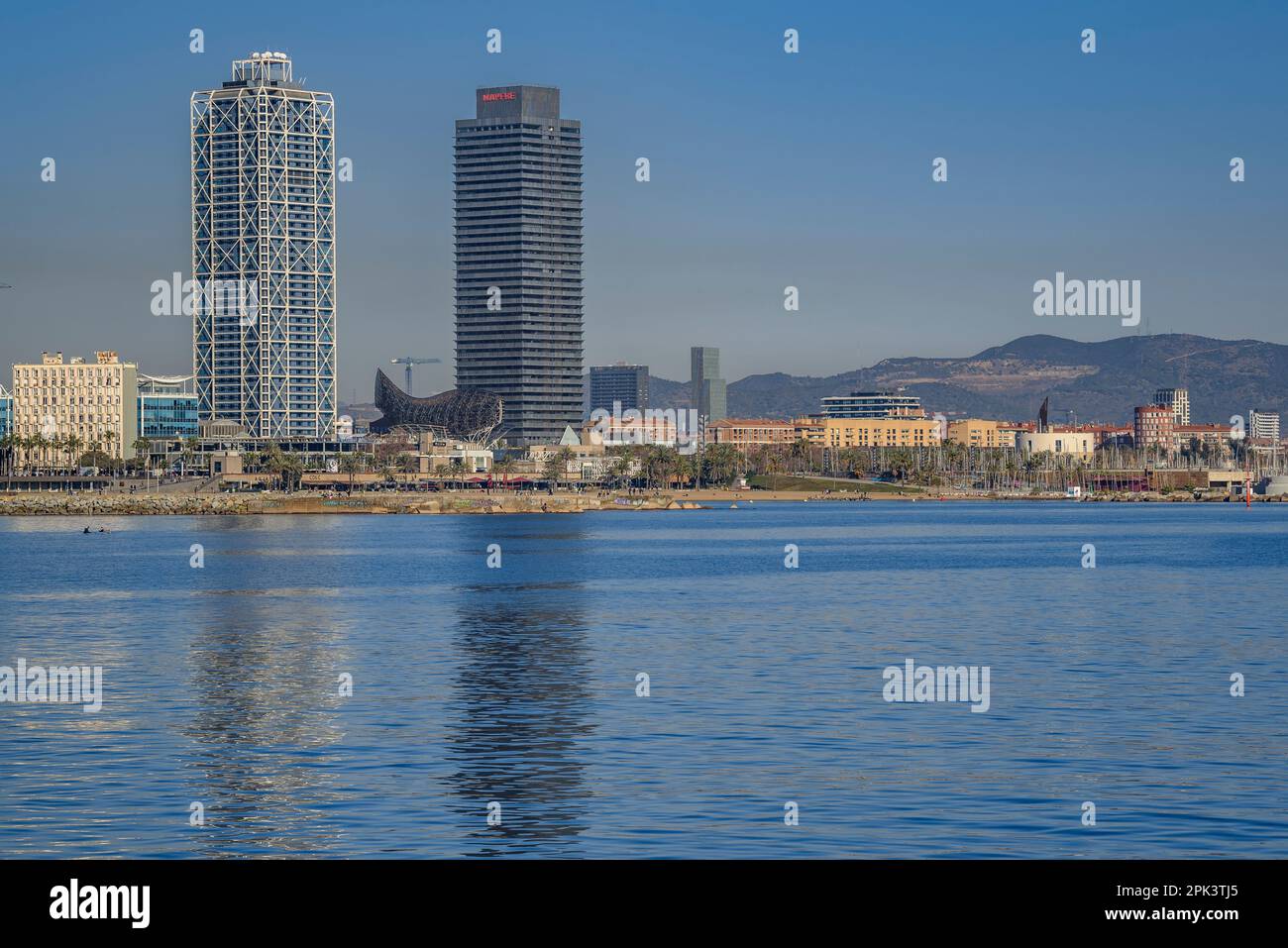 The Mapfre Tower and the Hotel Arts of the Olympic Port of Barcelona on