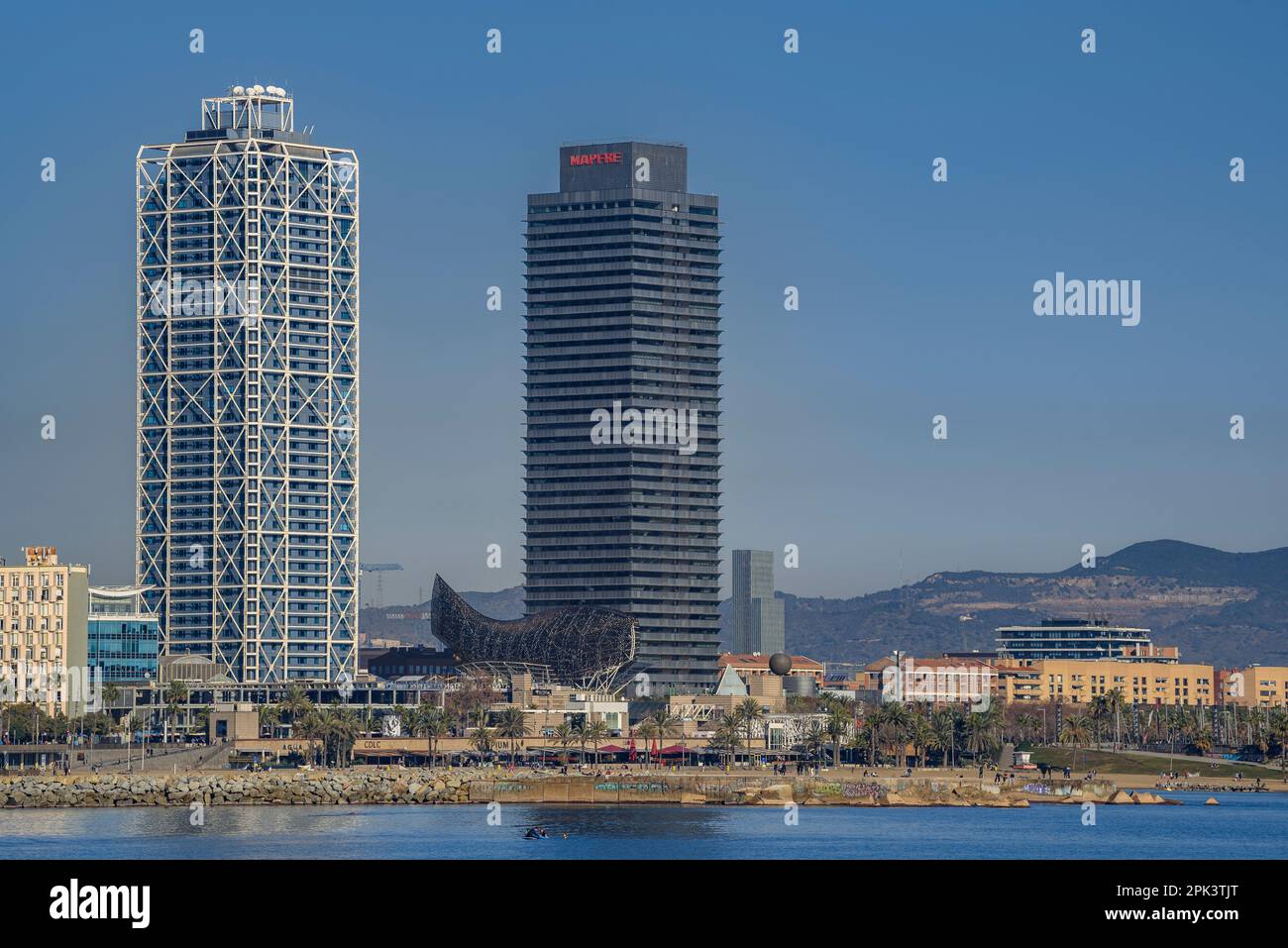 The Mapfre Tower and the Hotel Arts of the Olympic Port of Barcelona on
