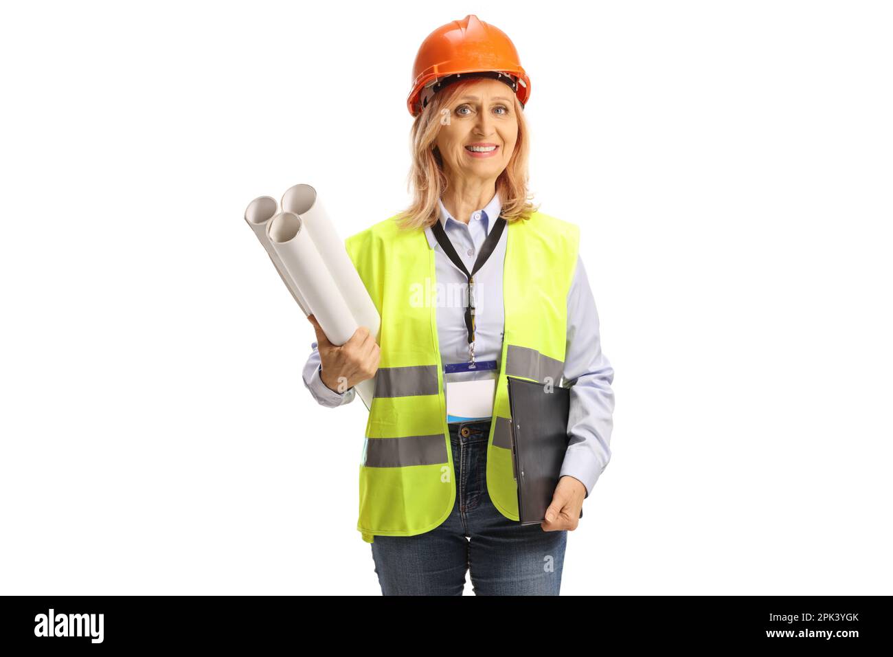 Female engineer with a safety vest and hardhat holding blueprints and a clipboard isolated on