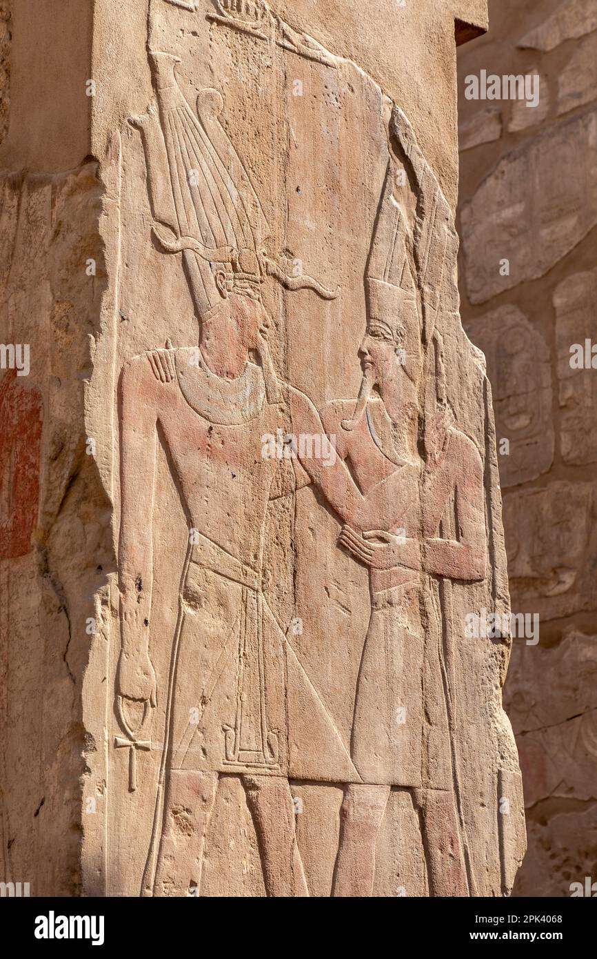 Stone Carvings and Hieroglyphs at Karnak Temple, Luxor, Egypt, North East Africa Stock Photo