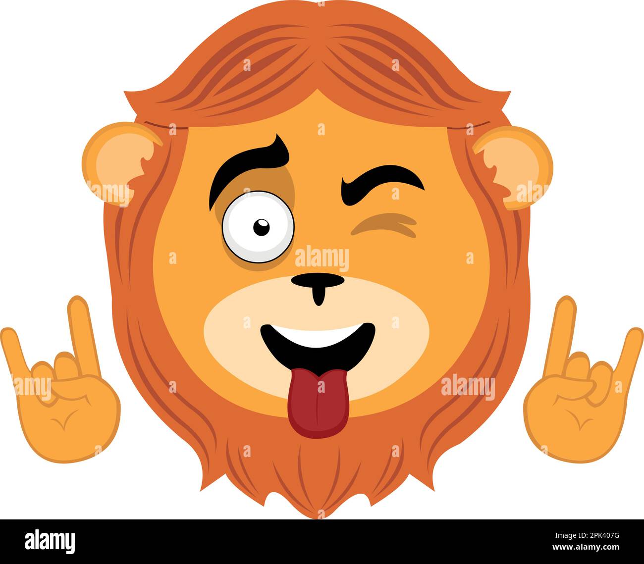 vector illustration face of a lion winking, with his tongue out and making the classic gesture of heavy metal with his hands Stock Vector