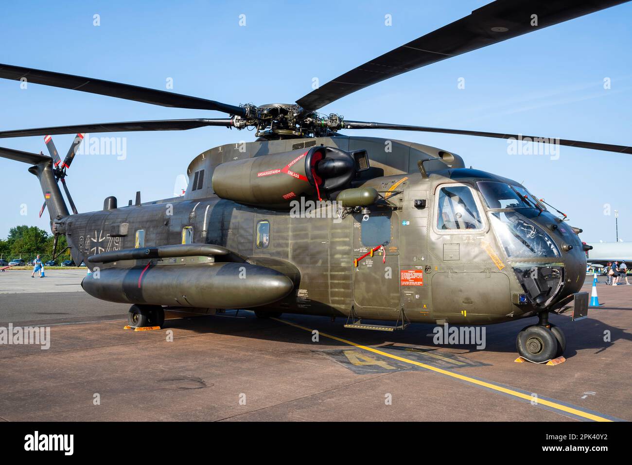 German Air Force Sikorsky CH-53G heavy lift helicopter 84+79 on display at Royal International Air Tattoo airshow, RAF Fairford, UK. Large transport Stock Photo