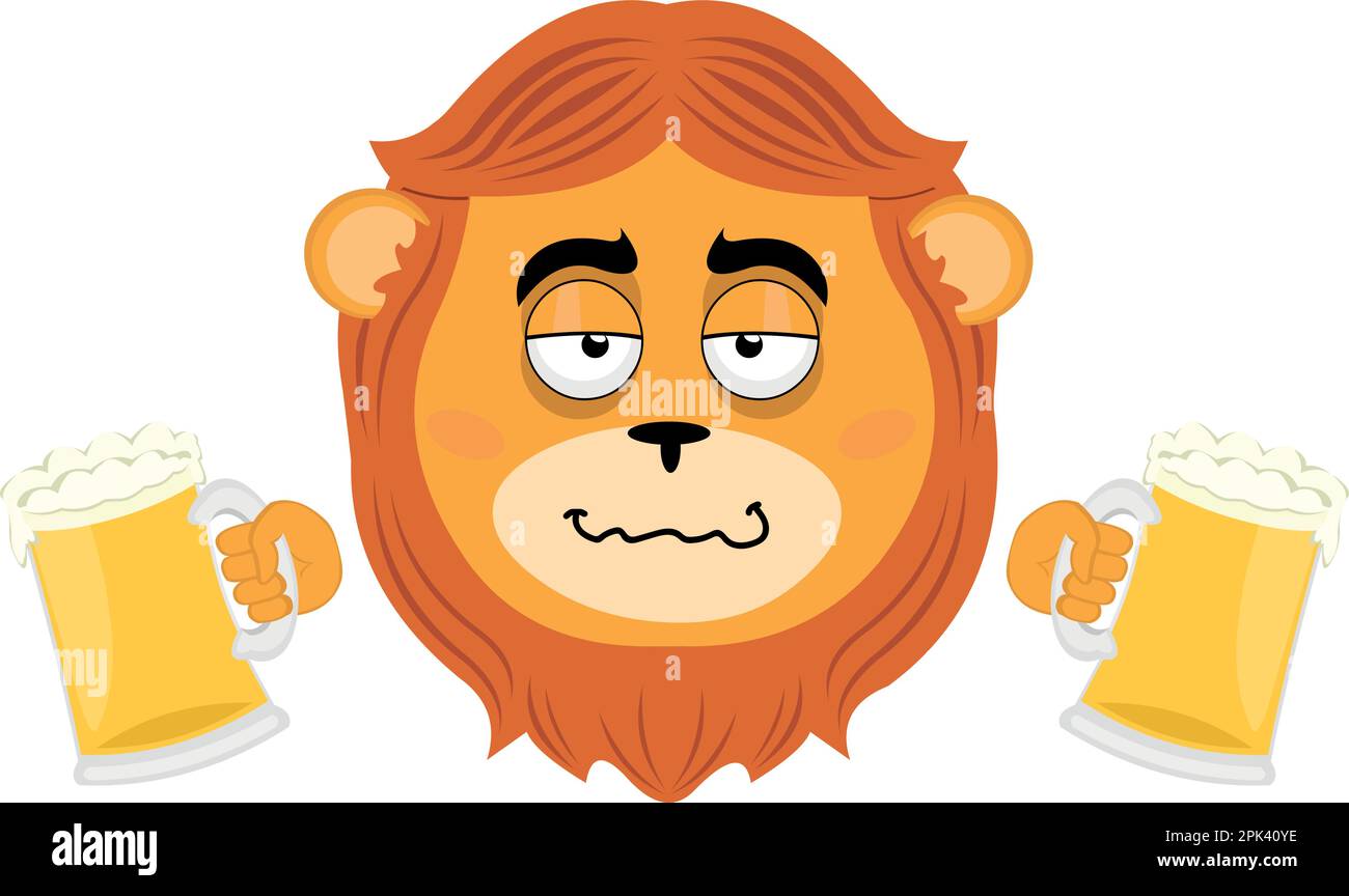 vector illustration face of a drunk cartoon lion with beers in his hands Stock Vector