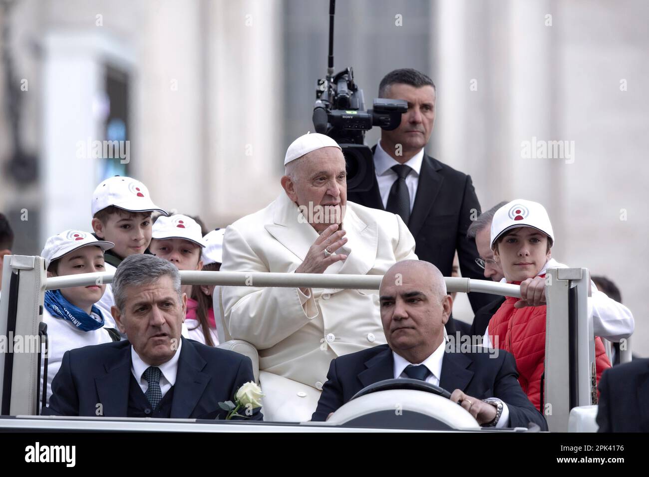 Vatican City, Vatican, 5 April 2023. Pope Francis arrives for his