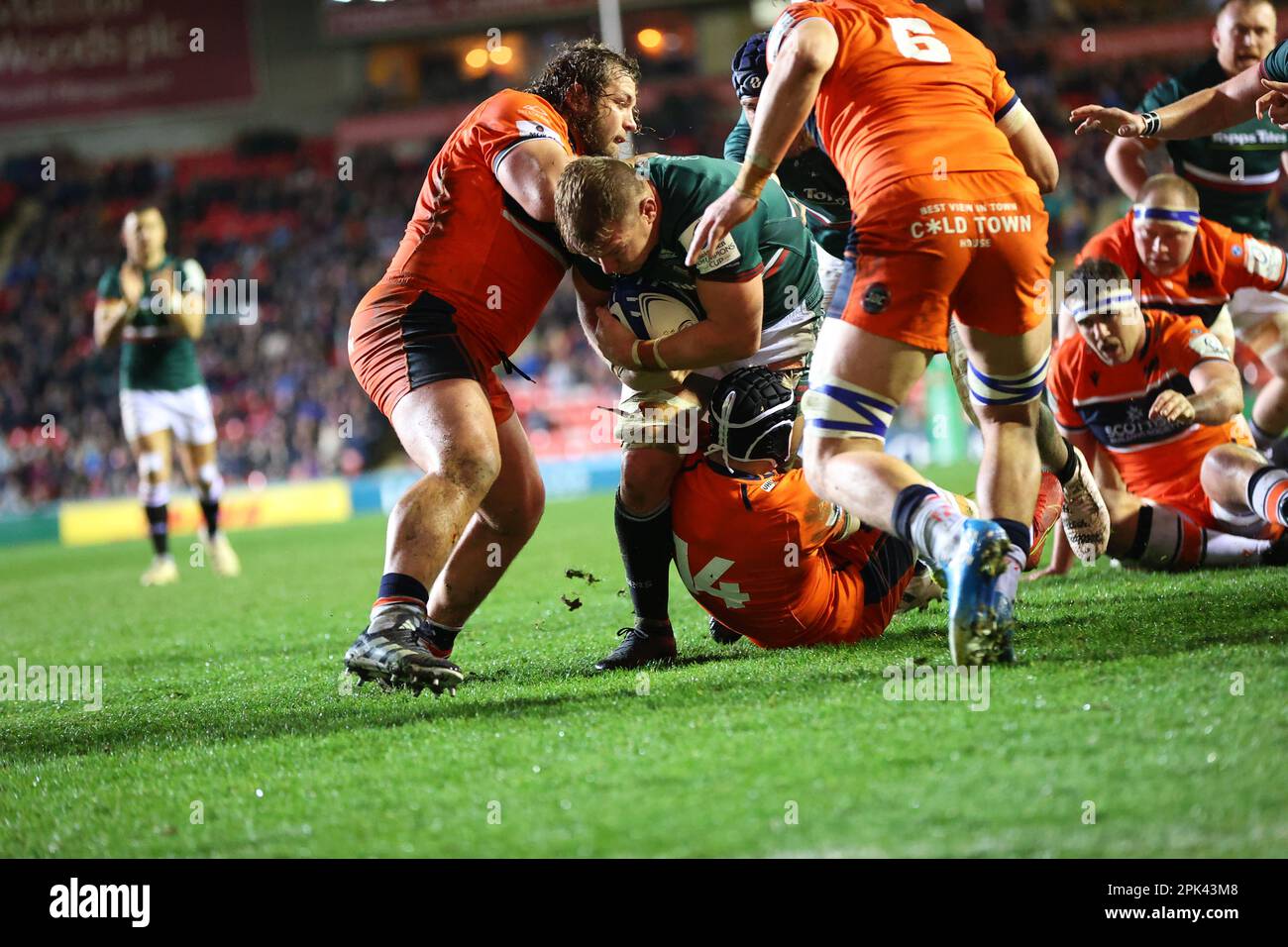 31.03.2022   Leicester, England. Rugby Union.                   Tigers Olly Cracknel makes a break during the Heineken Champions Cup quarter final match played between Leicester Tigers and Edinburgh Rugby at the Mattioli Woods Welford Road Stadium, Leicester.  © Phil Hutchinson Stock Photo