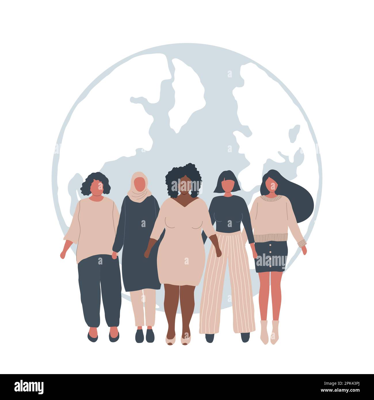 Diverse group of women stand on the globe background. International Women's Day concept. Women's community. Female solidarity. Women silhouettes Stock Vector