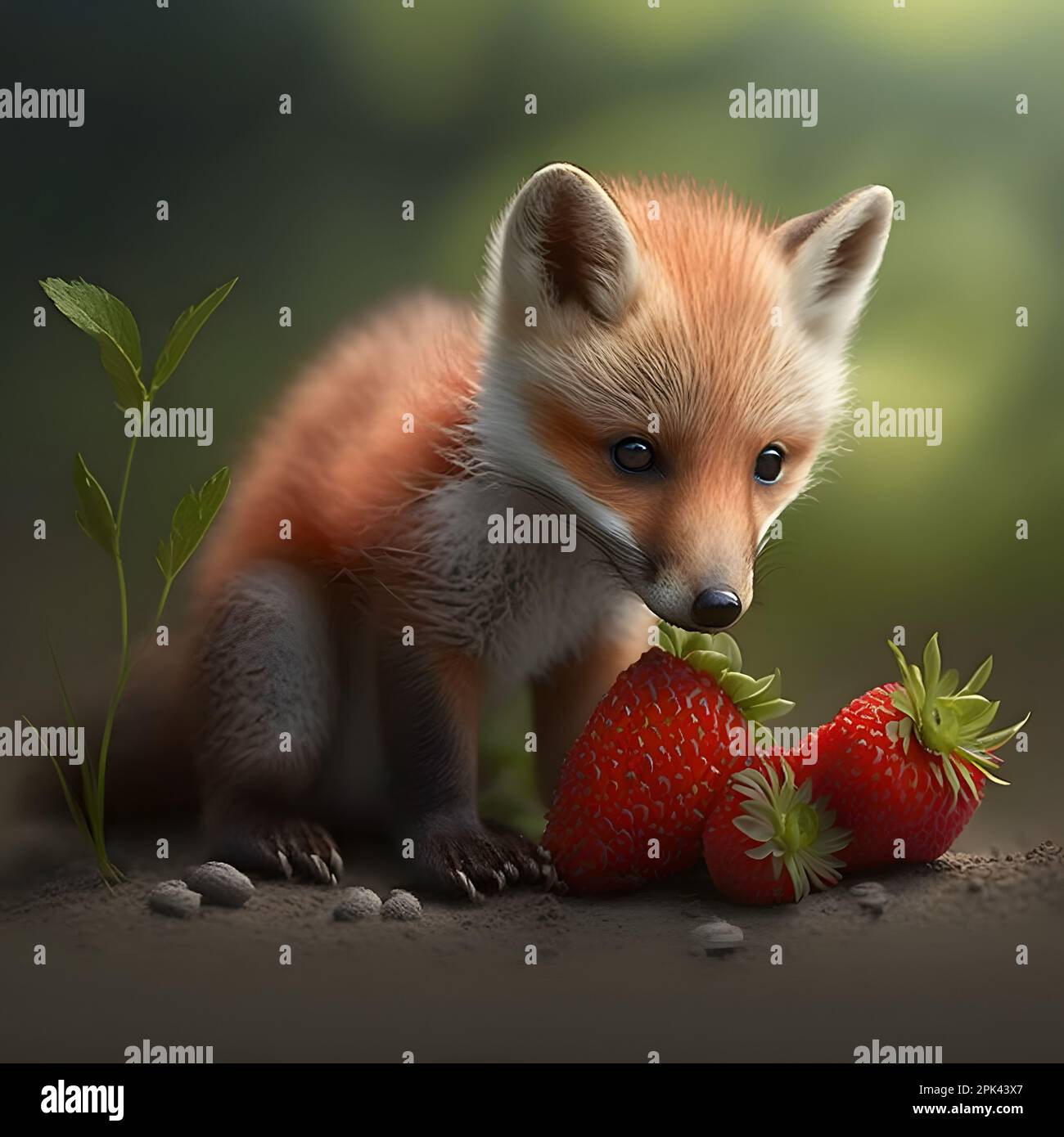 Baby fox eating strawberry fruits in the jungle. Concept and idea of