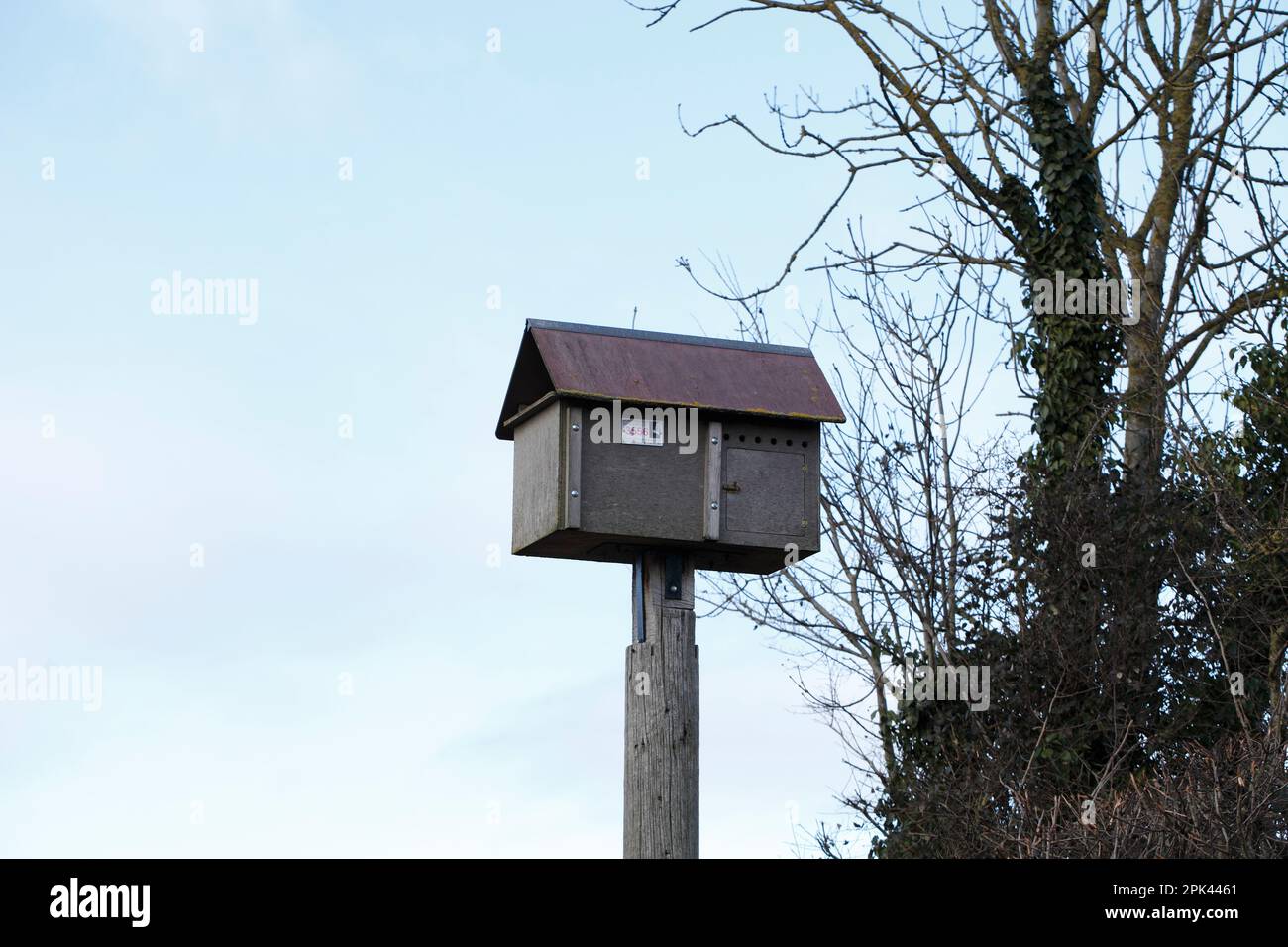 Barn Owl box belonging to the Wildlife Conservation Partnership. Stock Photo
