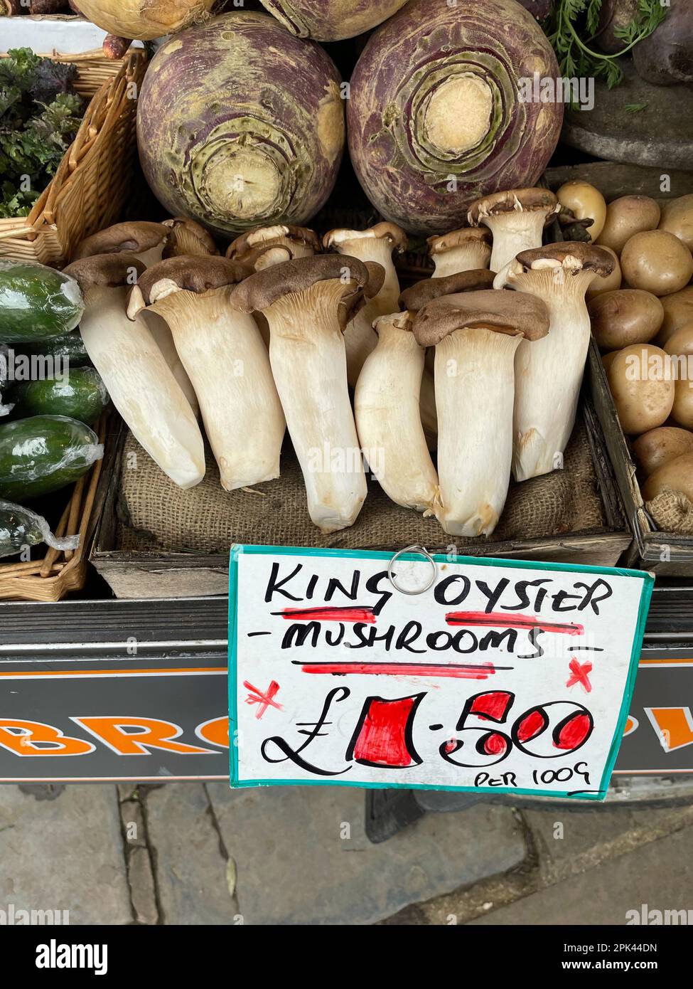 King Oyster or King Trumpet mushrooms on a fruit and veg stall