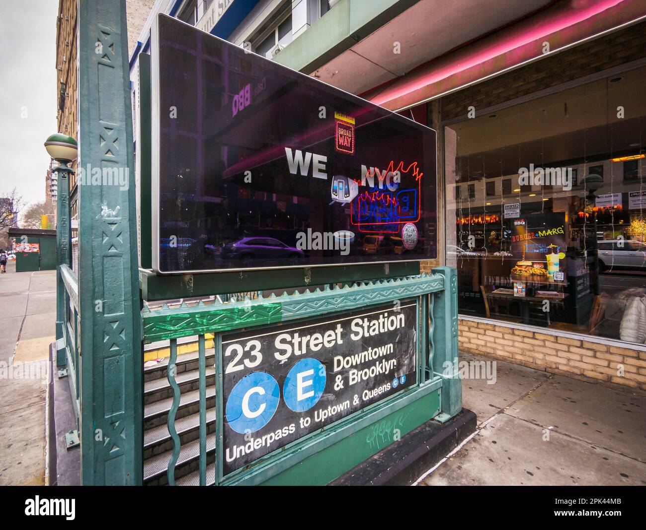 New “We (heart) NYC” ad campaign is seen on a subway entrance kiosk on Thursday, March 23, 2023. The campaign logo riffs on the original” I (heart) NY” mark designed by Milton Glaser.(© Richard B. Levine) Stock Photo