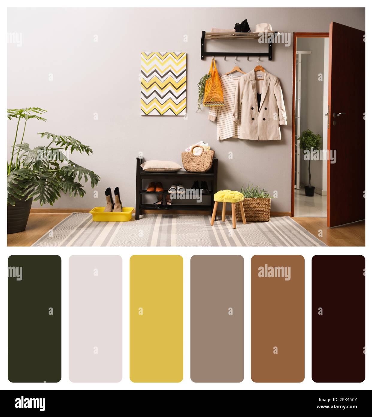Color palette and photo of hallway interior. Collage Stock Photo