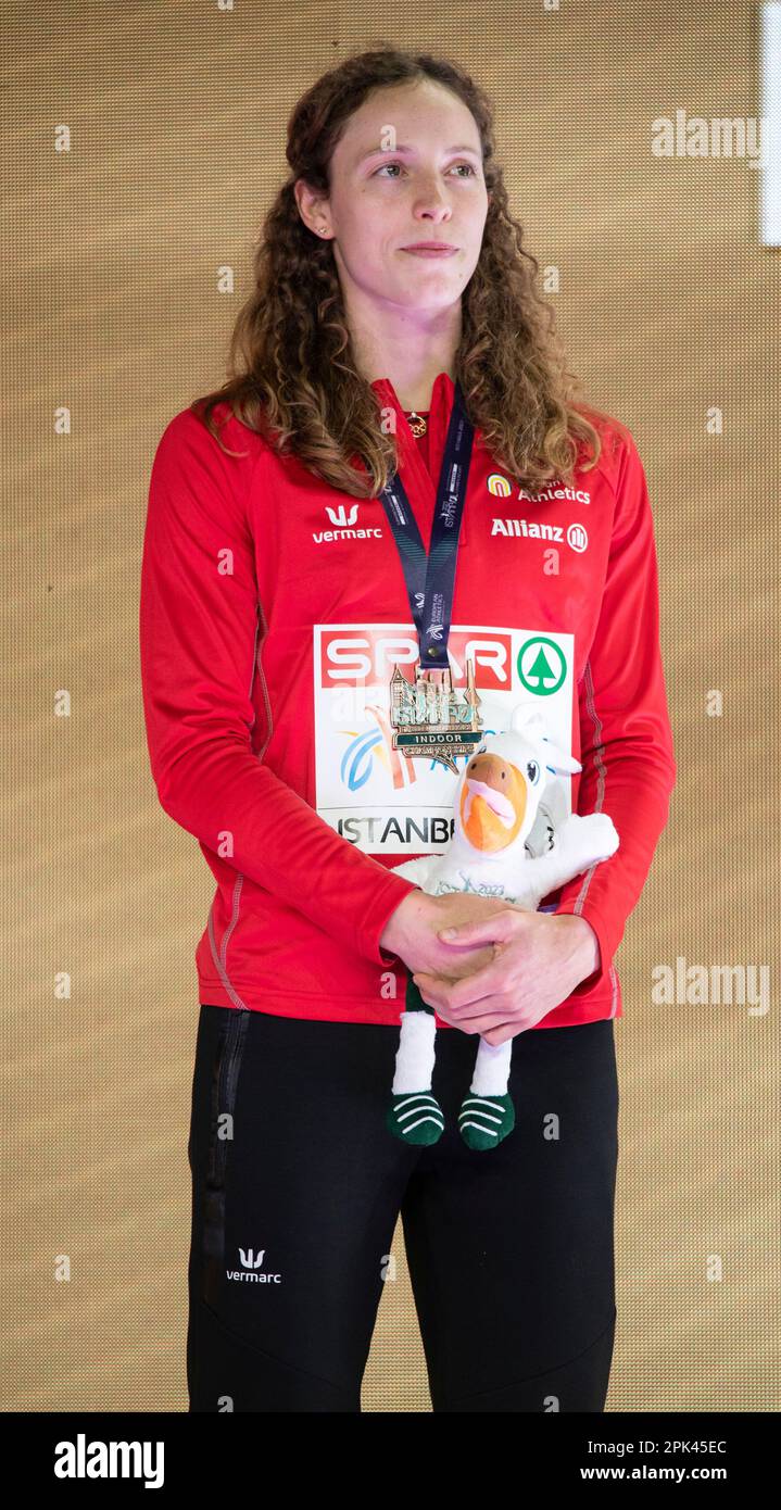 Noor Vidts of Belgium medal presentation for the women’s pentathlon at the European Indoor Athletics Championships at Ataköy Athletics Arena in Istanb Stock Photo