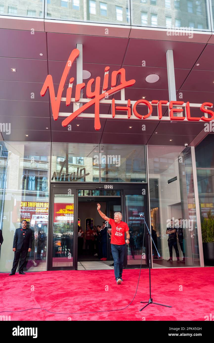 Sir Richard Branson speaks at the Grand Opening of the Virgin Hotel New York in the NoMad neighborhood on Tuesday, April 4, 2023. Virgin Orbit Holdings, Inc., Branson’s satellite launching business, filed for bankruptcy protection today.  (© Richard B. Levine) Stock Photo