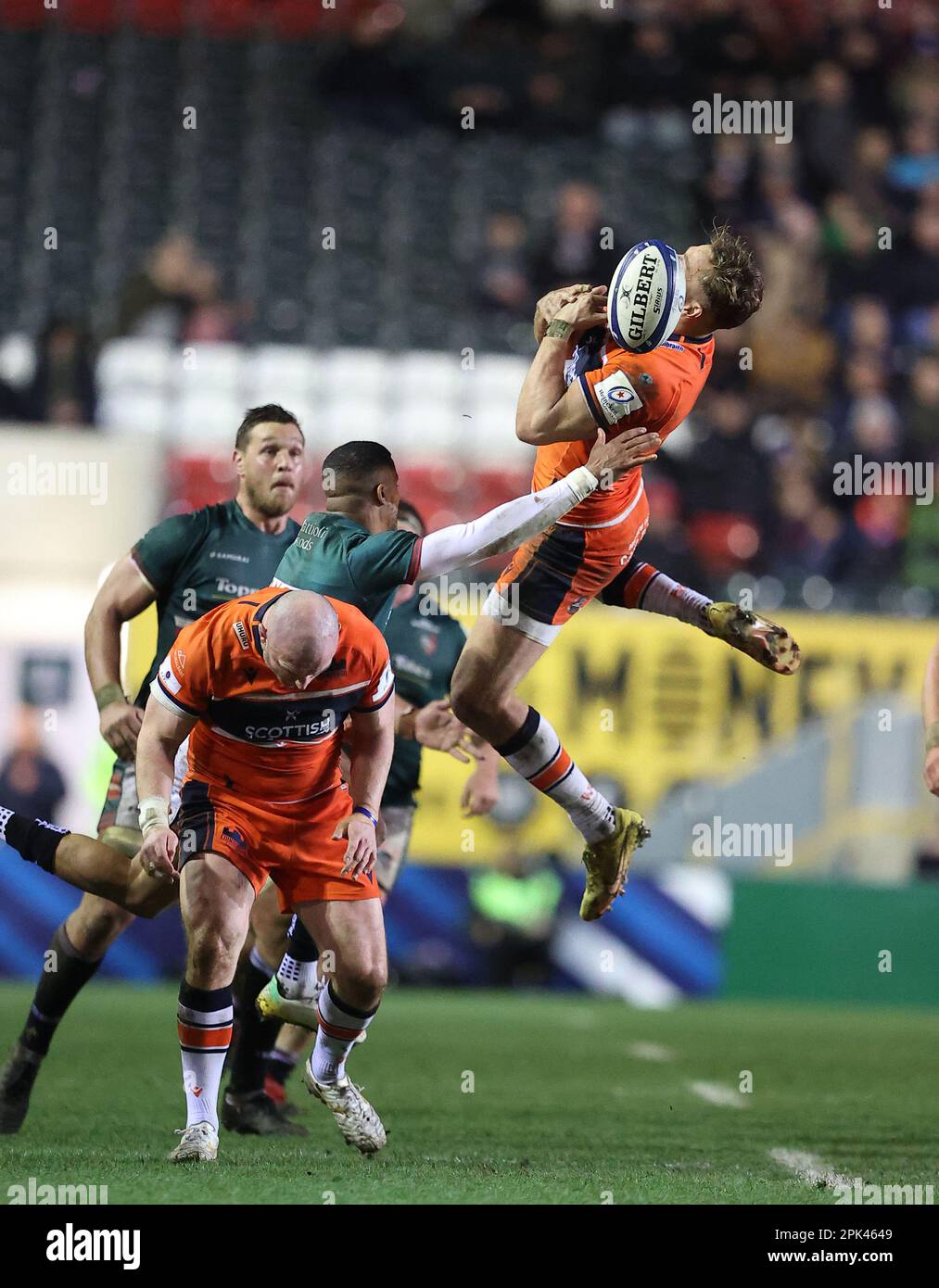 31.03.2022   Leicester, England. Rugby Union.                   EdinburghÕs Duhan van der Merwe fails to catch a high ball during the Heineken Champions Cup quarter final match played between Leicester Tigers and Edinburgh Rugby at the Mattioli Woods Welford Road Stadium, Leicester.  © Phil Hutchinson Stock Photo