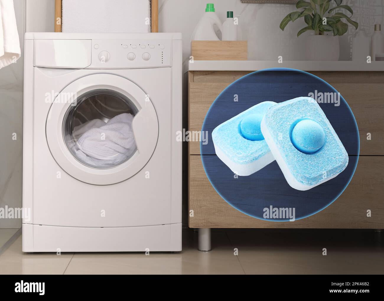 Image of water softener tablets and modern washing machine in laundry room Stock Photo Alamy