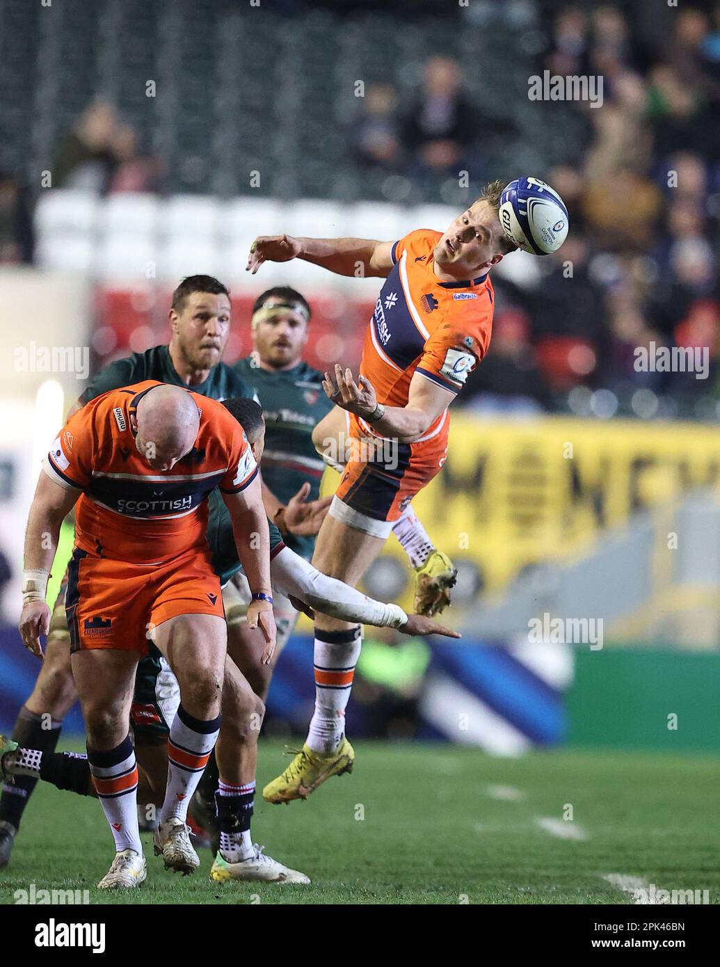 31.03.2022   Leicester, England. Rugby Union.                   EdinburghÕs Duhan van der Merwe fails to catch a high ball during the Heineken Champions Cup quarter final match played between Leicester Tigers and Edinburgh Rugby at the Mattioli Woods Welford Road Stadium, Leicester.  © Phil Hutchinson Stock Photo