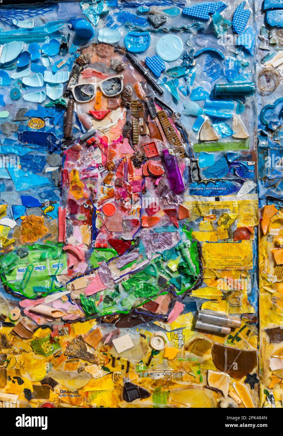 Public artwork mosaic made from collected marine plastic beach litter by Julie Barnes, North Berwick, East Lothian, Scotland, UK Stock Photo