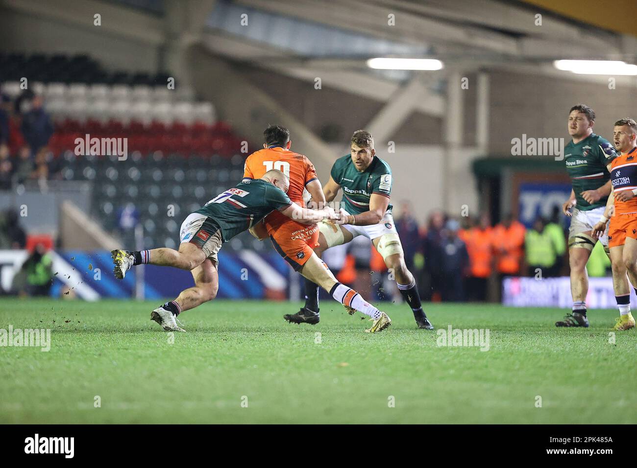 31.03.2022   Leicester, England. Rugby Union.                   Blair Kinghorn of Edinburgh gets tied up by the Tigers defence during the Heineken Champions Cup quarter final match played between Leicester Tigers and Edinburgh Rugby at the Mattioli Woods Welford Road Stadium, Leicester.  © Phil Hutchinson Stock Photo